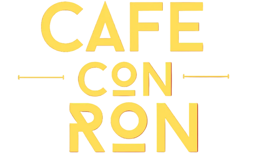 Café Con Ron logo with yellow text on a red background